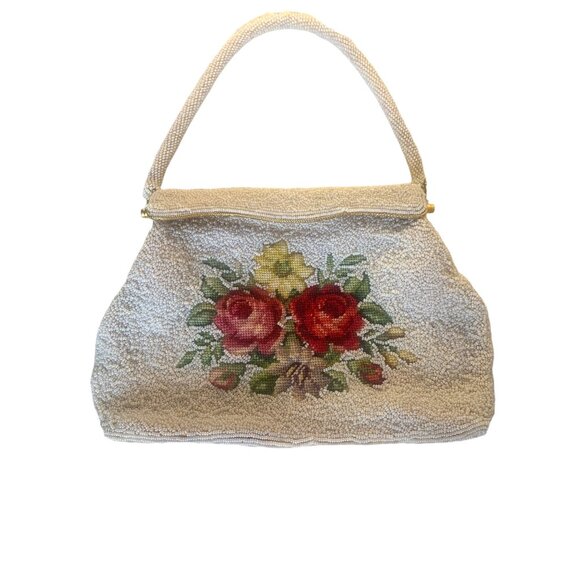 Needlepoint Roses Beaded Handbag Magnetic Closure and Inner Pockets - Picture 1 of 12